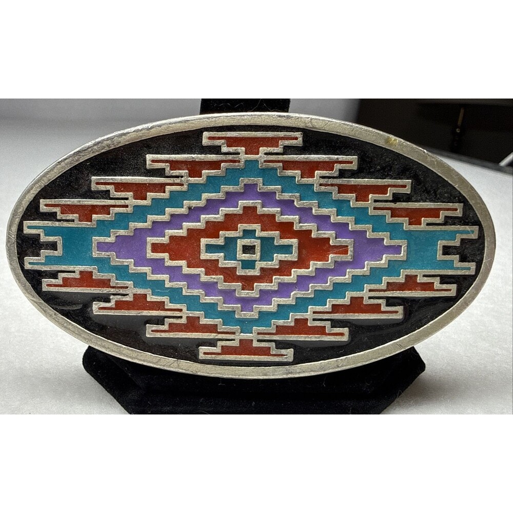 Southwest Aztec Enamel Belt Buckle USA Western Native Geometric Design Vintage